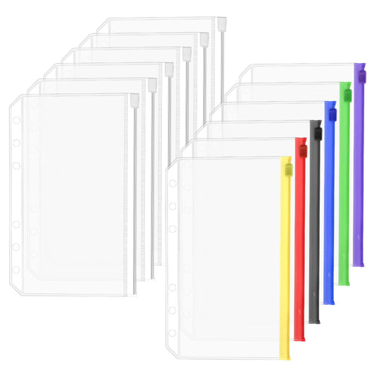 12 PCS Plastic Binder Pockets A6 Size 6 Holes Zipper Binder Pouch Folders Waterproof Loose Leaf Bags Clear Binder Envelopes for Documents Photo Bills Organizer, Colorful