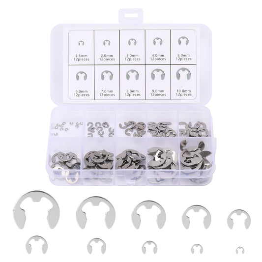 120Pcs E-Clip Circlip External Retaining Rings Stainless Steel E-Clips Assortment Kit,M1.5/M2/M3/M4/M5/M6/M7/M8/M9/M10 E-Rings Circlip Rings Kit for Bearings, Gears, Pulleys and Axles