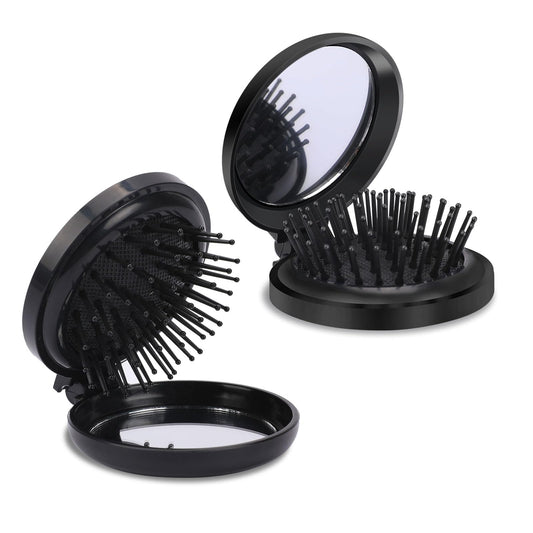 Folding Hair Brush, 2 Pieces Mini Hair Brush Small Round Hair Brush Hairbrush Foldable Hair Massage Comb Black Pocket Handbag Brush Travel Size Hair Brush with Compact Mirror for Women Girls Hair
