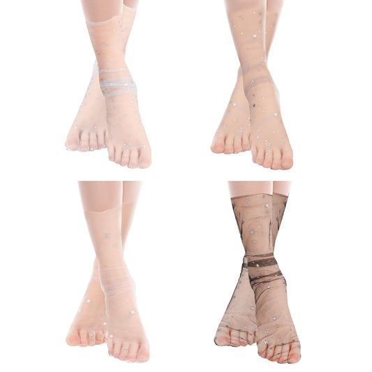 Mozeat Lens 4 Pairs Slouchy Socks for Women, Sheer Lace Socks Decorated Slouchy Socks Thin Nylon Mesh Loose Ankle High Crew Socks Summer Breathable Pop Socks