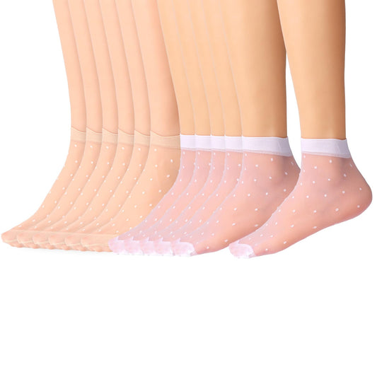 KALIONE 12 Pairs Women's Sheer Socks Ankle Socks, Small Polka Dots Ankle Stockings, Ultra Thin Summer Dot Sheer Ankle Stockings, Nude Stocking Silk Socks for Women (White & Nude)