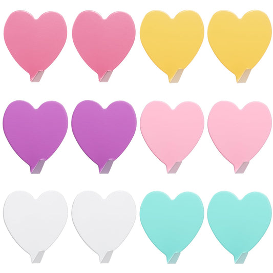 Pack of 12 Heart-Shaped Decorative Wall Hooks, Cute Wall Hooks for Hanging, Strong Adhesive Sticker Hooks, Multifunctional Coat Hooks for Keys, Home, Kitchen, Bathroom, Classroom, Office