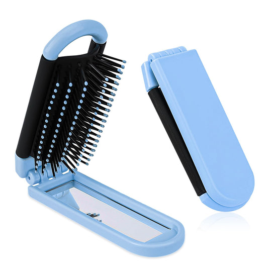 Folding Hair Brush with Mirror for Women, Foldable Travel Hairbrush with Soft Nylon Bristles Collapsable Pocket Size Brush Mini Scalp Compact Massage Comb Hair Styling Tools for Gym,Trip,Purse,Locker