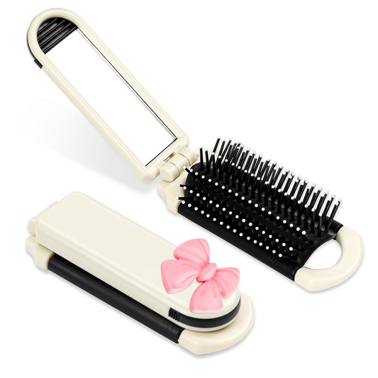 2Pcs Folding Hair Brush with Mirror Portable Mini Hair Brush Small Compact Pocket Hair Comb Wet & Dry Detangling Hair Brush Travel Size Hair Massage Comb For All Types of Hair