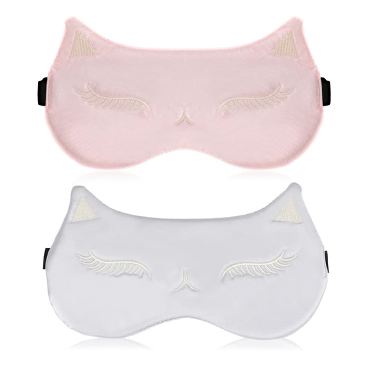 Cute Kids Sleep Mask, 2 PCS Soft Satin Eye Masks Adjustable Blindfold Silk Eye Cover Funny Cat Sleeping Mask with Elastic Strap Smooth Breathable Lightweight Night Eyeshade Covers for Women Girls Kids