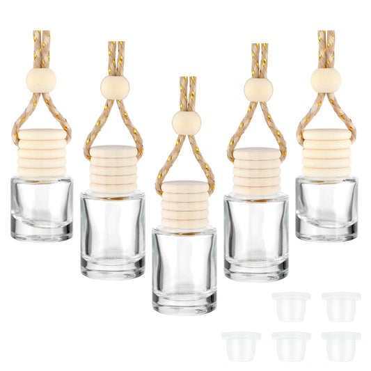 KALIONE 5 Pieces Refillable Hanging Car Air Freshener Diffuser, 8ml Empty Glass Essential Diffuser Oils Aromatherapy Bottle Clear Perfume Pendant Bottles for Home Car Hanging Decorations