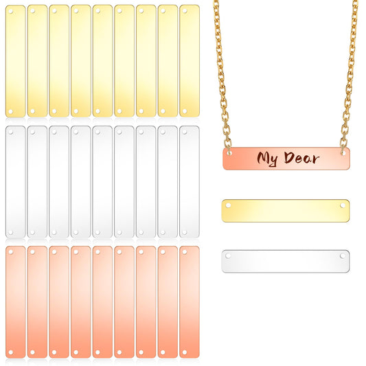 KALIONE 30 PCS Metal Stamping Blanks Kit Stamping NameTag Pendants 3 Colors Laser Engraving Blank Dog Tags Metal Blank Bar Pendant Charm Labeling Tags for DIY Necklace Crafts, Rectangle