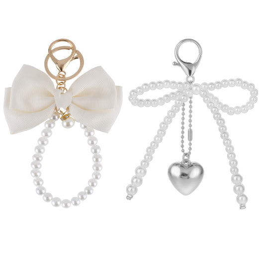 KALIONE 2 Pieces Bowknot Keychains for Women Pearl Key Ring with Bow White Bow and Beads Aesthetic Keychain with Bow for Keys, White