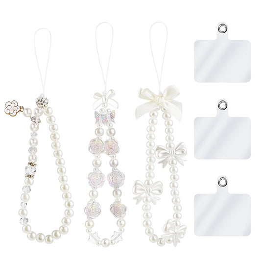KALIONE 3 Pcs Mobile Phone Charms Pearl Phone Chram Strap Phone Chain Beads Bow Bracelet Butterfly Bow Phone Tether Tabs, Cute Phone Charms Aesthetic Pearl Beaded Strap (White)