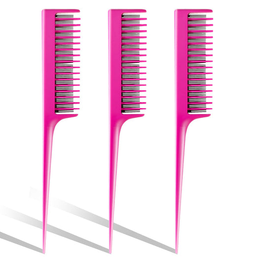 3PCS Triple Teasing Comb, Rose Red Rat Tail Comb Professional Styling Comb Deluxe Teasing Brush Unisex Fine Tooth Comb Parting Comb for Hair Styling Backcombing Parting Thinning Hair Adding Volume