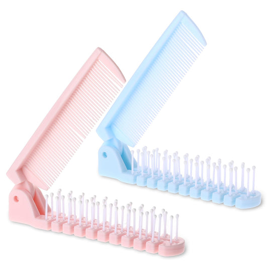 Foldable Hair Brush, 2 Pcs Portable Travel Folding Comb Double Headed Compact Mini Pocket Comb, Small Hair Brush for Purse, Anti-Static Hair Comb Set Hair Styling Tools for Women Girls (Pink, Blue)