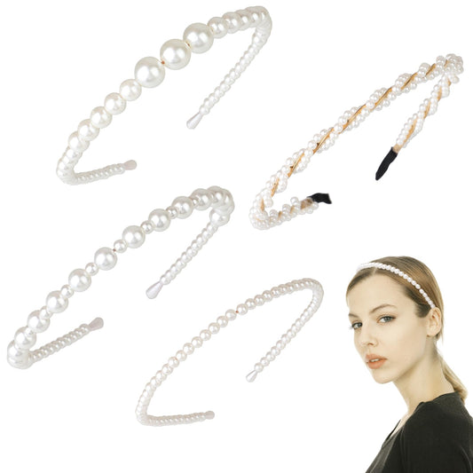 4 Pcs Bridal Pearl Head Bands for Wedding, Gold Metal Headbands, Thin Metal Pearl Headbands for Women Girls, Head Bands Hair Hoop Accessories for Women Girls