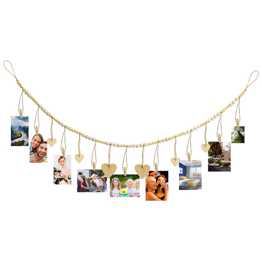 KALIONE Hanging Photo Display Set, Boho Wall Hanging String with 9PCS Clips, Photo Wall Display Garland Clips, Macrame Picture Frame with Wooden Beads Heart Tags for Home Livingroom Bedroom Decoration
