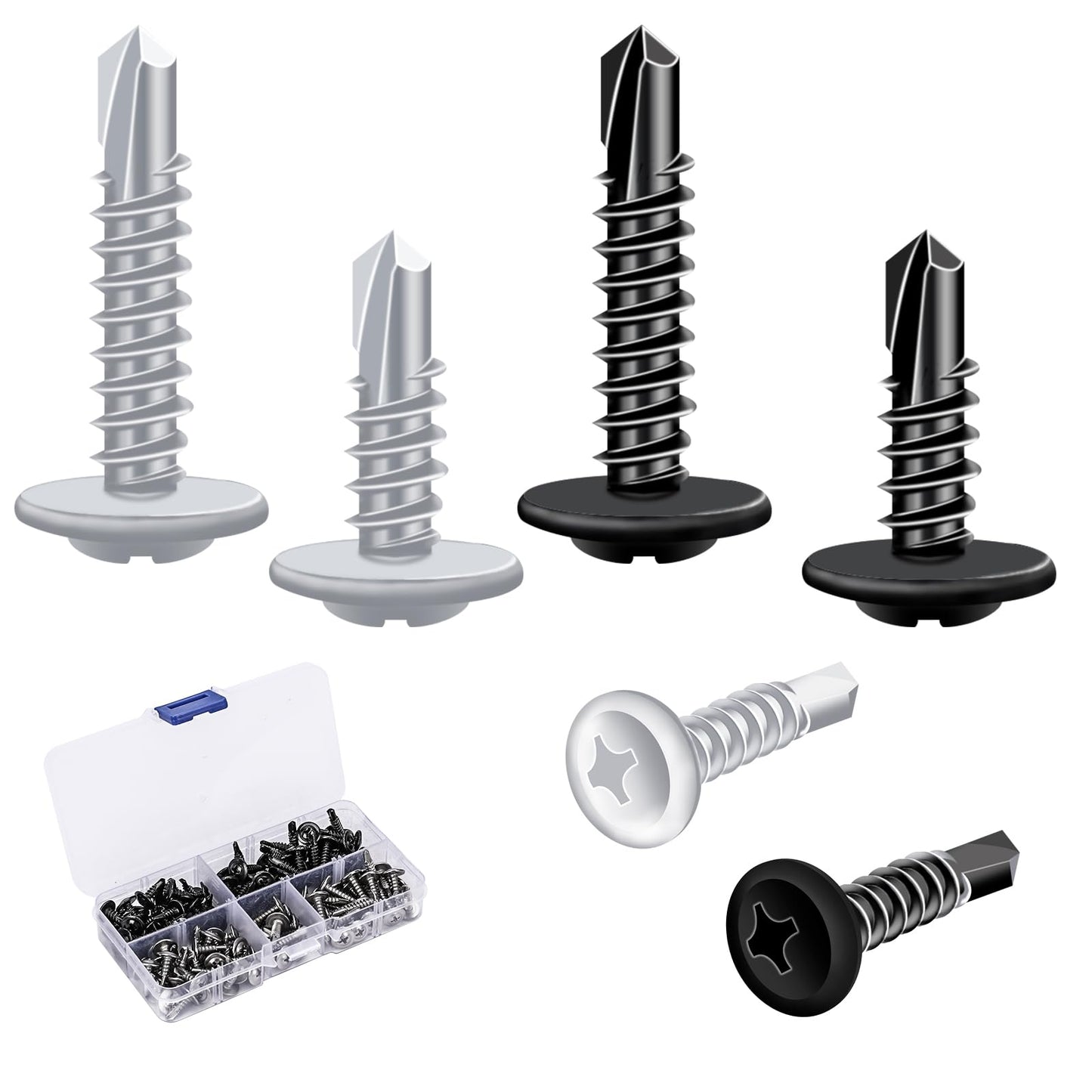 120 Pcs Metal Self Tapping Screws,8×1/2" and 8×3/4" Self Tapping Screws, Stainless Steel Screws Set,Fasteners with Storage Box for Repairment Fixing,Black,Silver(2 Size)