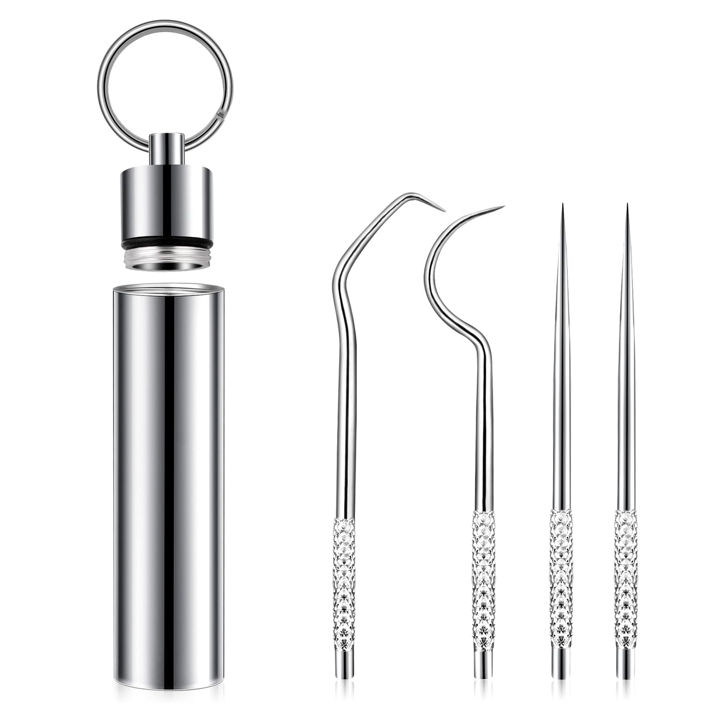 Stainless Steel Toothpick Set, 4 PCS/Set Portable Metal Toothpicks Pocket Kit with Aluminium Holder Dispenser Keychain Reusable Straight/Curved Tooth Cleaning Tools for Travel Outdoor Picnic Camping