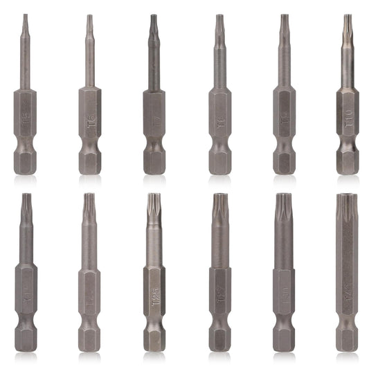 12 Pieces 50mm Torx Screwdriver Bit Sets 1/4 Inch Hex Screwdrivers Impact Driver Bits Set Magnetic Tamper Proof Star S2 Steel Screwdriver Set Bits 5-Prong Screwdriver Bit Set, T5-T40