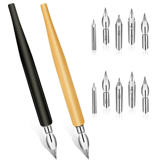 12PCS Comic Pen Nib Set, Oblique Calligraphy Nibs for Dip Pens Drawing, Wooden Fluid Writer Pen Holder with 10 PCS Stainless Steel Pen Replacement Dip Pen Set for Writing, Signing, Painting, Sketch