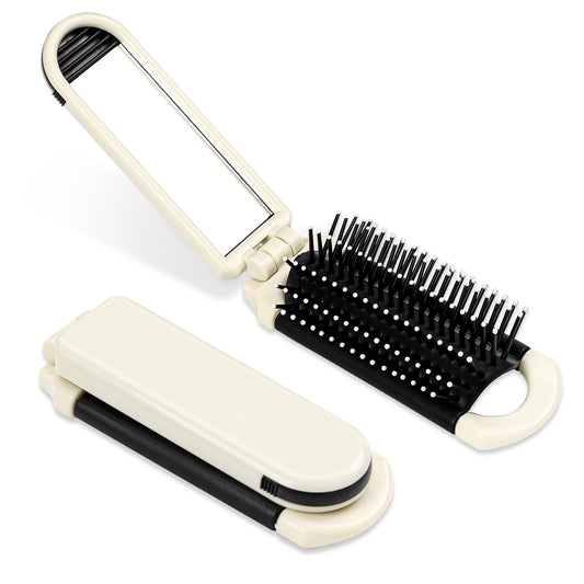 Foldable Travel Hair Brush with Mirror Collapsable Pocket Size Brush Mini Hair Brush Massage Comb Compact Hair Brush Hair Styling Tools for Gym,Trip,Purse,Swimming (1 Pack, Cream Color)