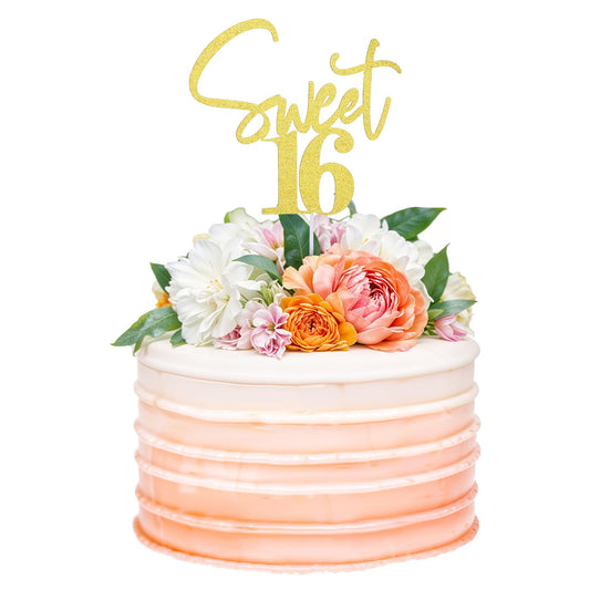 Sweet 16 Cake Topper Gold 16 th Glitter Cake Topper 16th Birthday Cake Topper Sweet Teenager Birthday Cake Pick, 16 Years Old Topper for Cake, Happy Sweet 16 Party Decoration Supplies
