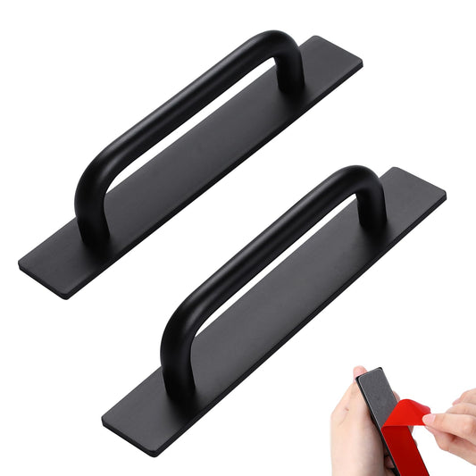 KALIONE 2 Pcs No Drilling Push Pull Helper Stick on Handles 5.83" Adhesive Cabinet Handles Self Stick Drawer Pulls Black Aluminum Alloy Handles for Kitchen Cabinet Sliding Closet Drawer