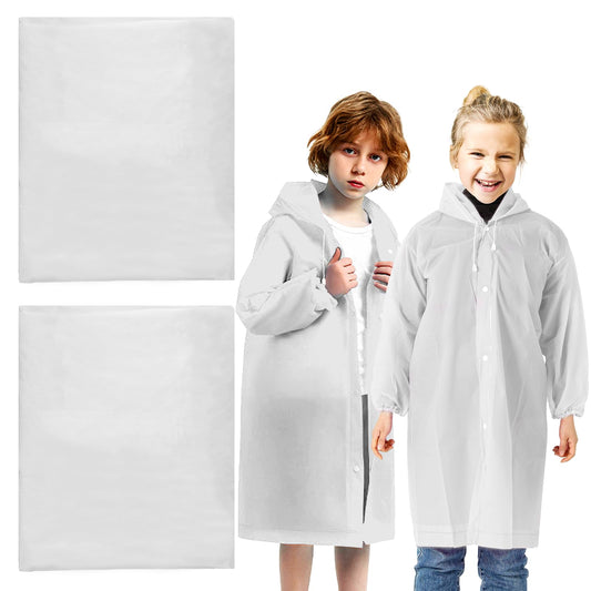 KALIONE 2 Pack Portable Rain Ponchos for Kids Reusable, Rain Ponchos with Drawstring Hood, Kids Ponchos with Hood for Camping Travel Outdoor (White&White)
