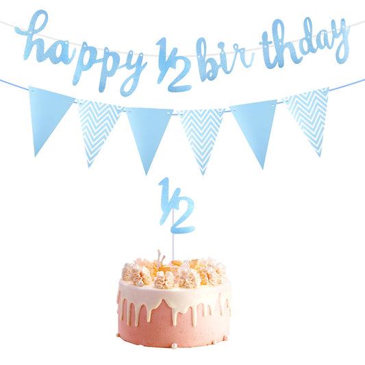 Happy 6 Months Birthday Banner Glitter 1/2 Half Year Cake Topper Triangle Flag Banner Happy 1/2 Birthday Decorations for Half Year Baby Shower Birthday Party Decoration, Light Blue