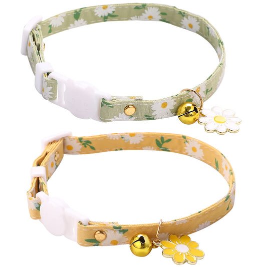 2 Pack Cotton Breakaway Cat Collars with Bell Flower Charms Adjustable Kitten Cat Collars for Female Girl Cats Male Boy Cats Decoration Accessories