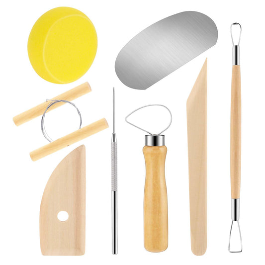8 Pcs Polymer Clay Sculpting Tools Clay Tools Kit with Wooden Handles Sculpting Clay Trimming Tools for Smoothing, Cutting, Modeling, Cleaning, Carving, Shaping