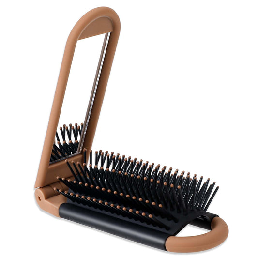 Travel Hair Brush, Folding Hair Brush Compact Hair Brush Portable Hair Comb Mini Hair Brush with Mirror Pocket Size Comb for Gym, Trip, Purse, Swimming ?Brown)