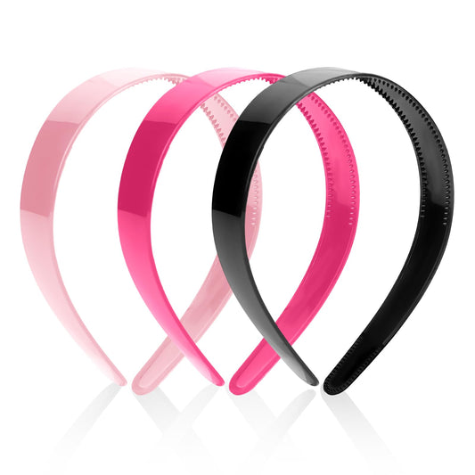 KALIONE 3 Pcs Plain Craft Headband 1 Inch Wide Plastic Headband with Teeth Hard Plastic Hairband Nonslip Craft Hair Hoops for Women Girls Hair Accessories(Pink, Rose Red, Black)