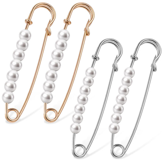 4 Pcs Faux Pearl Brooch Pins Decorative Safety Pins Pants Clips Tighten Waist Pins Large Shawl Pins for Women Clothing Dress Pants Skirt Dressing Accessories Waist Extender Decorative Pins