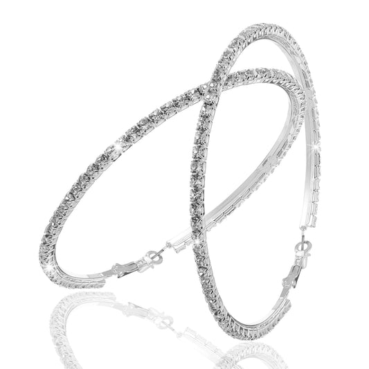 Large Rhinestone Hoops, Exaggerate Big Crystal DiamondHoop Earrings, Sparkly Big Hoop Earring, Women Party Dance Fashion Jewelry, Women Fashion Wedding Accessories for Sensitive Ears (100mm, Sliver)