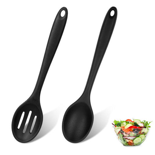 2 PCS Silicone Serving Spoons for Cooking, Silicone Cooking Spoons and Slotted Spoons Set Mixing Spoon Nonstick Silicone Kitchen Cooking Utensils Spoons for Baking Stirring Draining