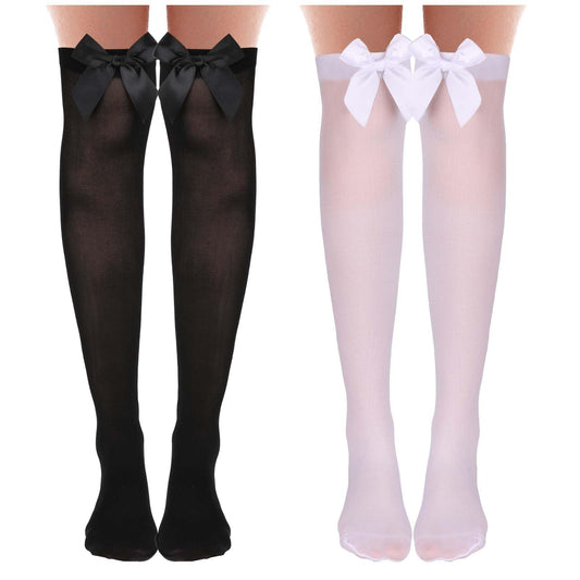 KALIONE 2 Pairs White Bow Socks, Knee High Bow Socks, Thigh High Bow Stockings Womens Black Socks with Bow, White Knee High Nylons Thigh High Socks for Women Girls, Over Knee Long Stockings