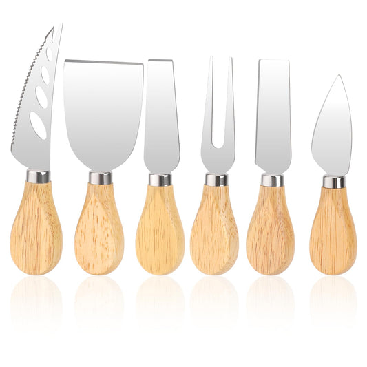 KALIONE 6 Pack Cheese Board Knives Set of 6, Charcuterie Accessories, Cheese Knife Fork Shovel Stainless Steel Cheese Knives with Wooden Handle, Cheese Knife Set for Cheese Spread Collection