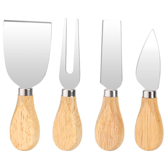 KALIONE 4 Pack Cheese Knife Set with Bamboo Handle, Stainless Steel Bladed Cheese Knives for Charcuterie Board Utensils, Cheese Slicer, Cutter, Shaver & Fork