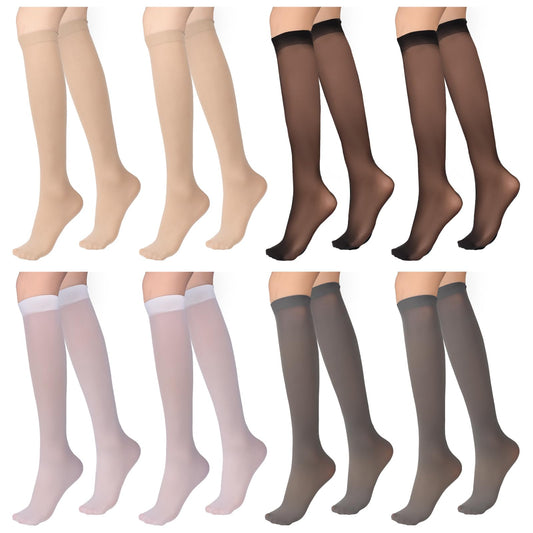 Mozeat Lens 8 Pairs Knee High Socks for Women, Lady's Nylon Lace Trouser Socks Sheer Knee High Stockings Pop Socks Black, White, Grey, Skin Color