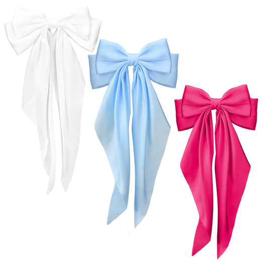 Silky Satin Hair Bows, 3 Pcs Large Ribbon Bow Hair Clips Oversized Vintage Soft Long Tail Hair Slides Barrettes with Metal Clips Cute Elegant Bowknot Aesthetic Princess Hair Accessories for Women
