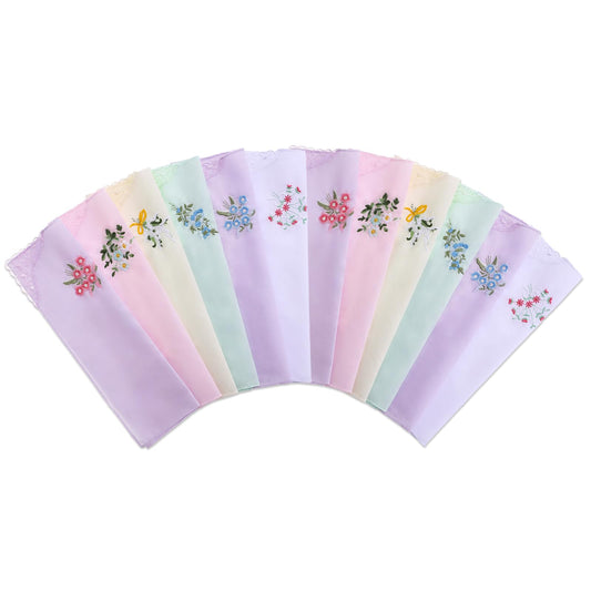 Pack of 12 Handkerchiefs Cotton Women's Fabric Handkerchiefs Embroidery Vintage Handkerchiefs for Weddings and Parties, Fabric Handkerchiefs, Coloured Handkerchiefs for Women, Ladies, 6 Color/12