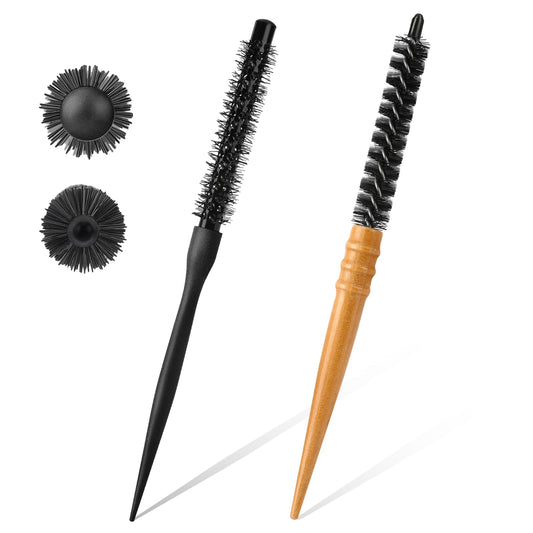 2Pcs Small Round Hair Brush for Blow Drying, Mini Round Brush with Wooden Handle High Temperature Resistant Quiff Roller Brush Anti-Static Hairbrush Thermal Brush for Thin,Short,Bangs,Beard,Curling