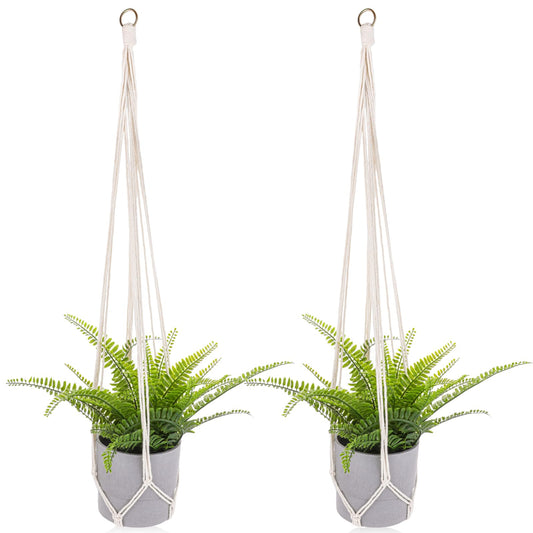 Macrame Plant Hanger, 2 Pack Boho Hanging Planters Baskets for Indoor Plants Decorative Braided Cotton Rope Flower Pot Holder with Metal Hook Rings for Outdoor Home Decor, No Tassels, Ivory, 34 Inchs