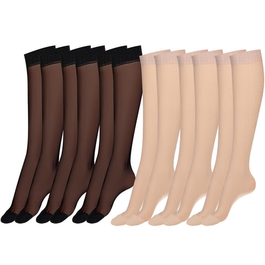 QfwdfcTrenz 6 Pairs Knee High Stockings for Women, Sheer Nylon Socks with Reinforced Toes Black and Nude One Size