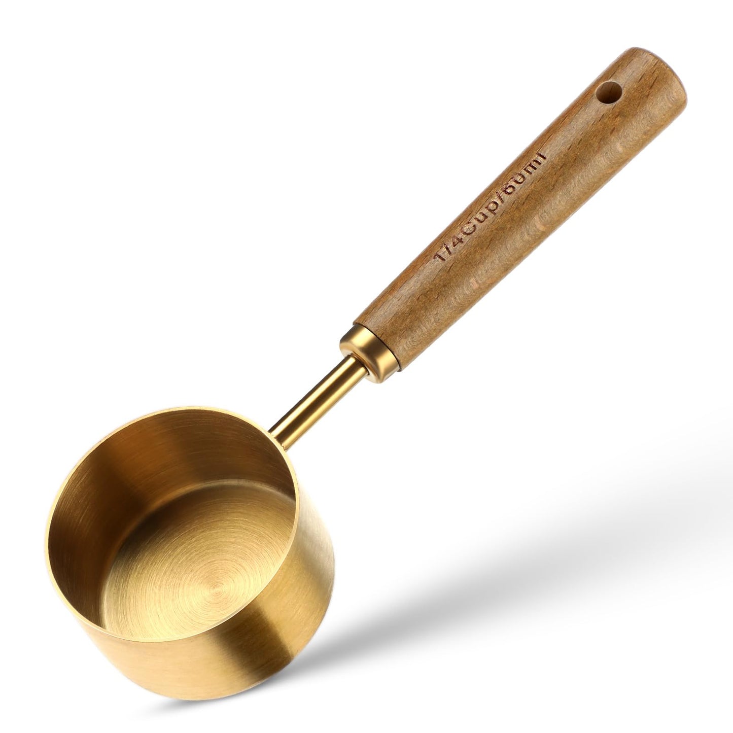 1/4 Cup Scoop 60ml Cup Spoon Gold Measuring Cup 60ml Measuring Scoop with Wooden Handle, Stainless Steel Titanium-Plating Baking Tea Coffee Measuring Tool