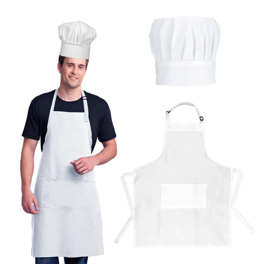 Chef Apron Hat Set Cotton Kitchen Apron with 2 Pockets Adjustable White Baker Costume Adult Chef Hat Chef Apron for Men Women