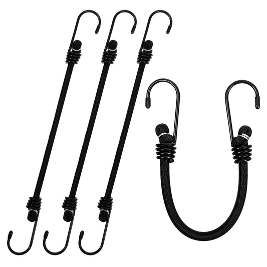 12 Inch Small Bungee Cord with Hooks, Black Heavy Duty Outdoor Bungee Cords Hooks Mini Elastic Straps Stretchy Rubber Strap for Camping, Tarps, Tents, Hiking, Hunting, Luggage, Boats (4 Packs)