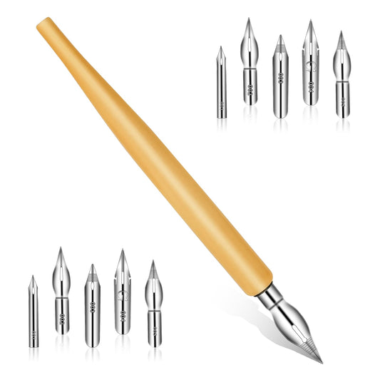 11 Pieces Comic Dip Pen Set, Oblique Calligraphy Dip Pen Set Fluid Writer Pen, Wooden Drawing Pen Holder with 10 Pieces Stainless Steel Pen Replacement Nibs Nib for Writing, Painting, Sketch, Signing