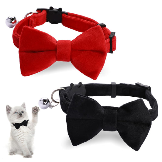 2 Pcs Velvet Cat Collar Cute Cat Bow Tie Collar Adjustable Breakaway Collars with Bell and Bow Tie Solid Color Removable Cats with Safety Buckle for Cats Kitten Puppy Pet Accessories