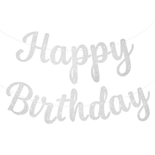 Silver Happy Birthday Banner, Pre-Strung Happy Birthday Decorations Glitter Happy Birthday Backdrop Sign 10 Feet Happy Birthday Garland with String for Women Girls Princess Birthday Party Decorations