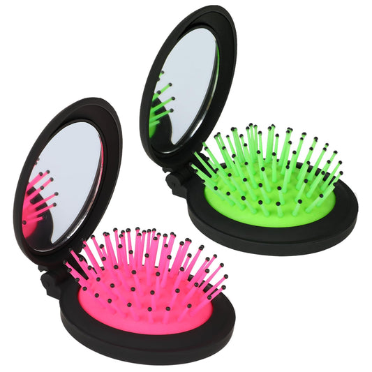 Travel Hair Brush, 2 Pcs Portable Folding Hair Brushes with Mirror Small Hair Brush With Nylon Bristles Pocket Size Hair Comb for Women (Green & Pink)