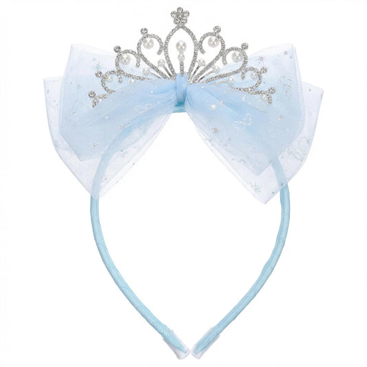 FdcLixuvol Elegant Tiara Headband with Tulle Bow, Blue Rhinestone Crown Cute Tulle Bow Tiaras for Women, Birthday Celebration, Festive Hair Accessory (Blue)